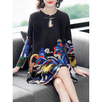 Dress for women Ocean age-age printing loose pleated dress 2022 spring new black cheongsam type long sleeve A word skirt dress