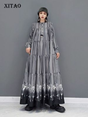 XITAO Dress Casual Striped Print Loose Striped Dress