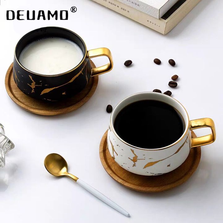 แก้วกาแฟถ้วยกาแฟเซรามิคหินอ่อนสไตล์นอร์ดิกสุดหรูคาเฟ่ชาชุดจานรองแก้วชาถ้วยนมที่ดื่มในตอนเช้าพร้อมจาน-set-sendok-ins
