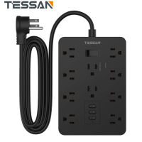 Flat Plug Extension Cord 3 metre with Heavy duty , TESSAN USB Power Strip with 10 Widely Spaced AC Outlets and 3 Charging Ports, 1875W/15A, 1700 Joules, Wall Mount Outlet Strip for Home, Office