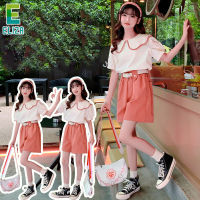 ES girls Korean style fashion suit Doll collar short sleeve pants casual two piece set