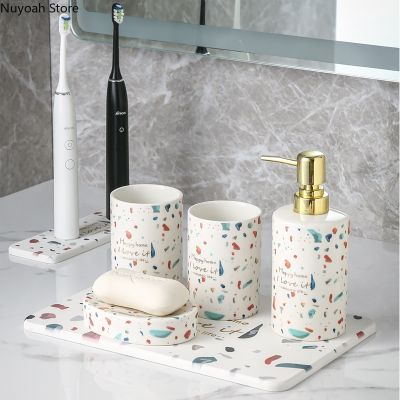 【jw】✽ Acessórios do banheiro luz nordic luxo terrazzo padrão loção cerâmica garrafa algas lama almofada bucal copo decoração