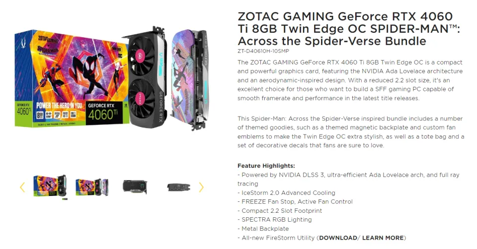 ZOTAC Gaming GeForce RTX 4060 Ti 8GB Twin Edge OC Spider-Man: Across The  Spider-Verse Inspired Graphics Card Bundle, ZT-D40610H-10SMP