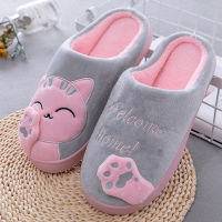 2022 Winter Cartoon Cat Cute Couple Slippers Warm Plush Non-slip Slides Bedroom Indoor Soft Backless Shoes Women Home Slippers