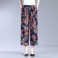 【มีไซส์ใหญ่】Plus Size XL-4XL Womens Vintage Printed Summer Pants Oversized Elastic Waist Straight 8/10 Female Trousers