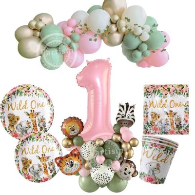 Wild One Pink Animal Themed Disposable Tableware with Animal Balloon Tower for Girl 39;s Jungle Forest Birthday Party Decorations