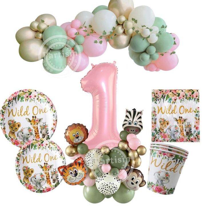 wild-one-pink-animal-themed-disposable-tableware-with-animal-balloon-tower-for-girl-39-s-jungle-forest-birthday-party-decorations