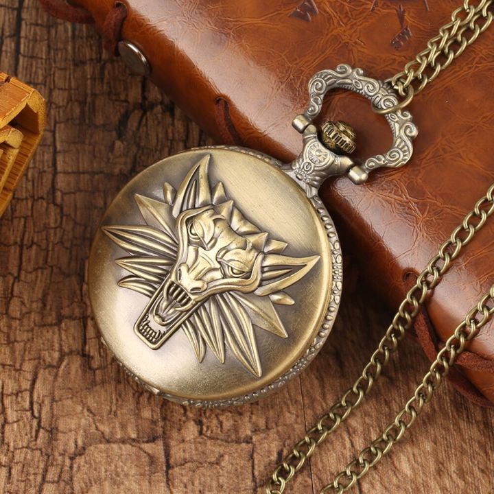 ราชาแห่งป่ารูปหัวสิงโตทองเหลืองผู้ชายควอตซ์นาฬิกาพกหน้าปัดเลขอารบิกจี้คุณภาพสูงนาฬิกาโซ่บาง