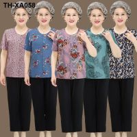 The elderly female summer suit grandmother wear silk short sleeve cardigan two-piece loose pajamas household to take the old woman