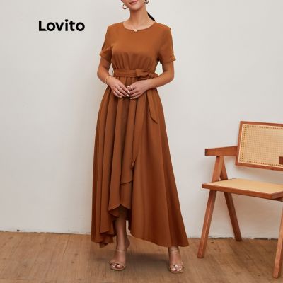 Lovito Elegant Plain Wrap Round Neck Roll Up Sleeve Ball Gown Dress L20D032 (Brown)