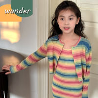 WANDER ชุดแฟชั่นเด็กผู้หญิง ชุดเดรสเด็กผู้หญิง ดีไซน์ลายทางสีรุ้งอย่างมีสไตล์ ชุดเสื้อกล้ามรัดรูปสำหรับเด็กผู้หญิงสองชิ้น23917