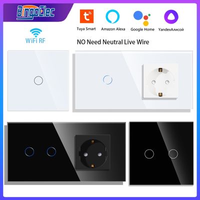 ₪ Bingoelec Tuya WiFi Switch and Ordinary Socket NO Neutral Wire Glass Panel 1/2/3gang Smart Light Switch Works Alexa Google Home