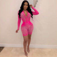 Pink Black Bling Diamonds y Playsuits Long Sleeve Mesh See Through Zipper Low Cut Jumsuit Women Bodycon Overalls Clubwear