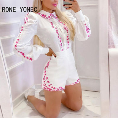 Women Casual Lantern Sleeves Disty Floral Embroidered Turn down collar Summer Short Sets