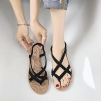 womens thong sandals cross strappy korean minimalist beach fashion straw flat shoes student ladies black beige kasut