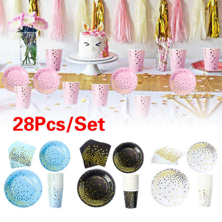 ICK Shop 28PcsSet Birthday Gold Foil Dot Tableware Party Supplies Dinner Cakes Paper Plate