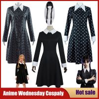 เครื่องแต่งกายวันฮาโลวีนสำหรับผู้หญิงแขนยาว Wednesday Addams ชุดคอสเพลย์ผู้หญิงผู้ใหญ่เด็กปกวิกผมงานเลี้ยงชุดงานฮาโลวีนจินตนาการผู้หญิง Vestidos