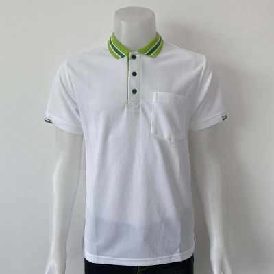 เสื้อโปโลสีขาว  polo shirt แบบชาย สีขาวปกแถบเขียว เนื้อผ้าทีซีไมโครนุ่ม สวมใส่สบาย มีบริการส่งเก็บเงินปลายทาง