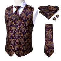 Designer Silk Mens Waistcoat Necktie Set Men Vests With Neck Tie Hankerchief Cufflinks Floral Paisley Blue Purple Gold Gift