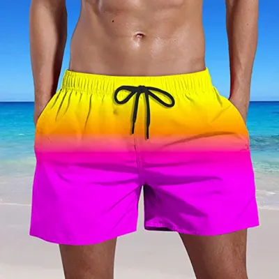 กางเกงชายหาดฮาวายพิมพ์ลายไล่ระดับสี,กางเกงขาสั้นผู้ชายสำหรับฤดูร้อนกางเกงขาสั้นแห้งเร็วมีเชือกรูด