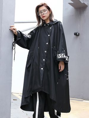 XITAO Jackets Black Trench Coat Women Personality Hooded Coat