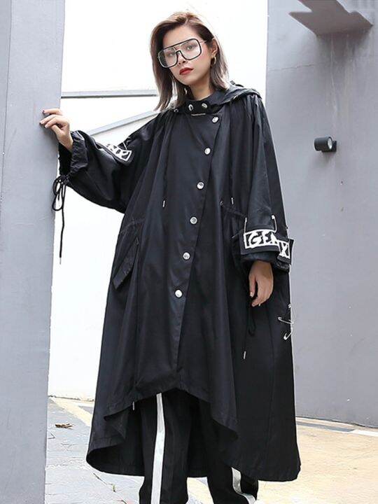 xitao-jackets-black-trench-coat-women-personality-hooded-coat