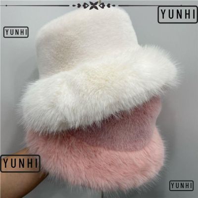Yunhi หมวกบักเก็ต ผ้ากํามะหยี่ขนนิ่ม กันความหนาว ขนาดใหญ่ สีพื้น สไตล์ชาวประมง สําหรับผู้หญิง