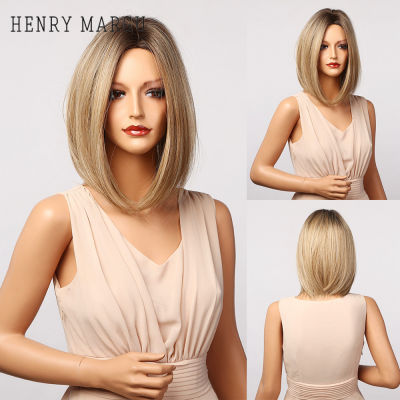 HENRY MARGU Straight Black Brown Synthetic Wigs with Highlight for Women Middle Part Shoulder Length Heat Resistant Bobo Hair