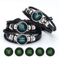 12 Zodiac Sign Glow in The Dark bracelet  amp; Bangle For Women Men Glass Constellations Charm Leather Rope Chains Fashion Jewelry 【hot】Brisana