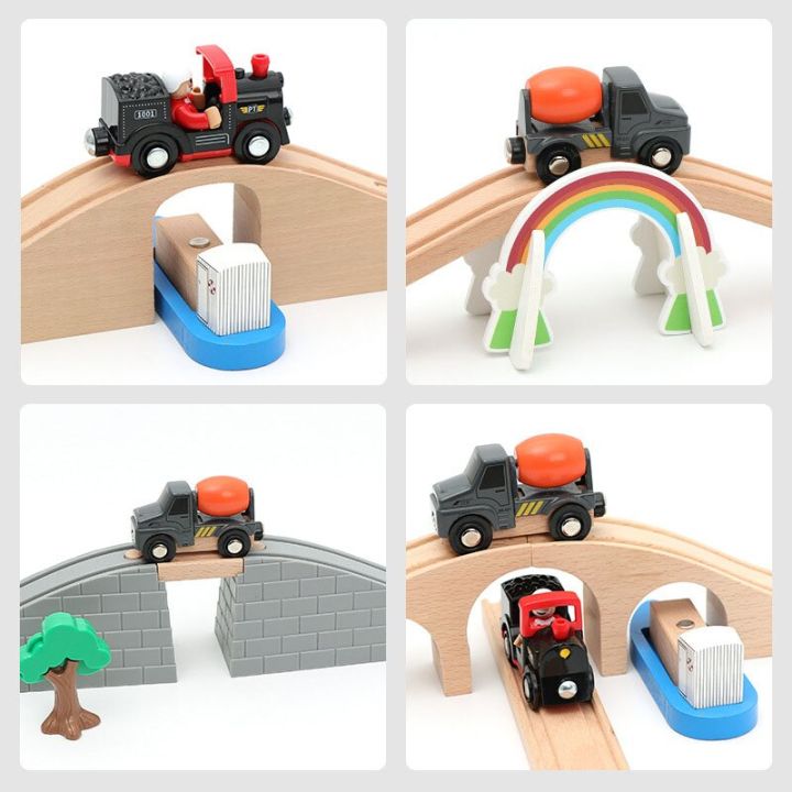ของเล่นทางรถไฟแข่งรถรางรถไฟทำจากไม้อุปกรณ์รางสะพานทุกชนิดเหมาะสำหรับเด็กของเล่นรางไม้บิโร