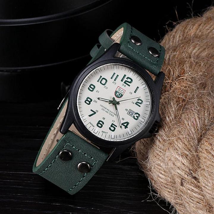 soki-นาฬิกาควอทซ์แนวสปอร์ตกันน้ำสำหรับผู้ชายคลาสสิกแนววินเทจสีเขียว