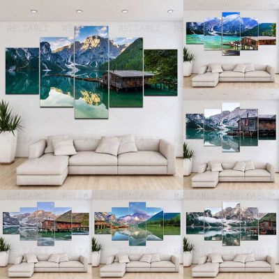 5 แผงภูมิทัศน์ Lake Braies Alps Mountain ภาพวาดผ้าใบธรรมชาติ House โปสเตอร์และพิมพ์ภาพผนังตกแต่งบ้านไม่มีกรอบ