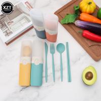 Portable Reusable Spoon Fork Travel Picnic Chopsticks Wheat Straw Tableware Cutlery Set With Carrying Box For Student Office