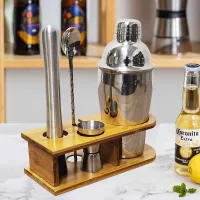 High-end Original novice entry-level stainless steel bartender set five-piece bartender shaker shaker shaker bartender tool with bamboo stand [Fast delivery]