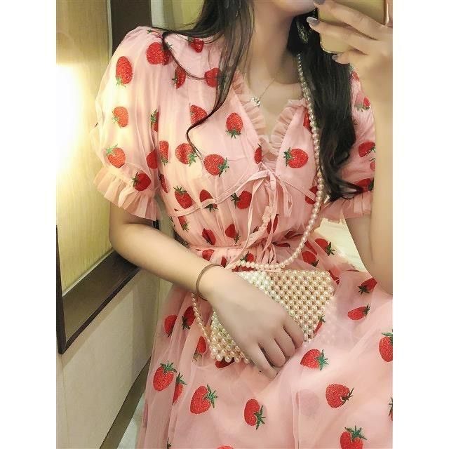puff-sleeve-v-neck-strawberry-dress-sequin-craft-lace-up-dress-promotion