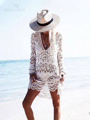 Crochet Summer Beach Dress Cover Up y Hollow Out Mesh Knitted Tunic Swimsuit Coverup Womens Beach Sarong Robe De Plage A33