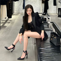 Temperament Celebrity High Heel Shoes saint 2023 laurentˉ High Setting 2023 Spring/Summer New Small Square Head Sexy Thin Heel Silk Diamond Square Button Sandals