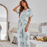 Summer V-neck Pullover Sleep Tops Pink and Ink Cotton Womens Trouser Pajamas Comfortable Thin Floral Print Home Pajama Set