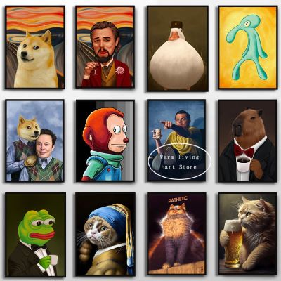 ◆ ¤ ตลก Memes Capybara ชุดใส่ดื่มชุดธุรกิจเป็ดโปสเตอร์กาแฟ Elon มัสค์กบภาพวาดผ้าใบติดผนังศิลปะตกแร่งบ้านของขวัญ