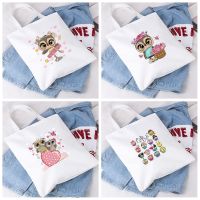 〖Margot decoration〗 Cute Owl Animal Printed White Canvas Bag Women Shopping Bags Kawaii Shoulder Cloth Bags Reusable Shopper Student Book Bags