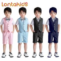 lontakids 2-11ปีชาย3Pcs/4Pcs ชุดเสื้อกั๊กชุดเด็กเสื้อกั๊ก + กางเกงขาสั้น + Bowtie /+ เสื้อสุภาพบุรุษชุดสูททางการชุดวันเกิดชุดทักซิโด