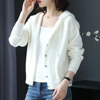 Knitted Cardigan Womens 2021 New Solid Color Short Outer Loose Hooded