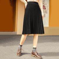 INMAN Womens Pleated Skirt Autumn Winter Vintage Lady Mid Waist Elastic Chaps A-Line Female Mid-length Elegant Bottoms