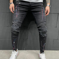 2021Ripped Jeans Men Skinny Black Pencil Pants Moto Biker Party Casual Hole Jean Pants 2021 New Color beggar Denim Trousers Male