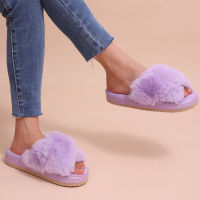 Comwarm Winter Women Casual Fuzzy Slippers Female Flip Flops Fluffy Shoes Cross Slides Ladies Soft Plush Home Indoor Slippers