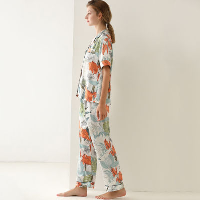 Satin Pajamas with Leaf Printed Cool Summer Short-Sleeved Long Pants Pajamas Lace-up Cardigan Sleep Tops V-neck Women Pajamas