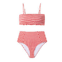 SEASELFIE Sexy Red Gingham Smocked Bikinis Set Swimwear Women Swimsuits Bathing Suit  Bandeau High-waist Bikini Beachwear