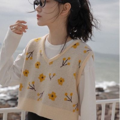 Sweater Vest Women Vintage Sleeveless Knitted Crop Tops Girls Patchwork Flowers Spring Simple Casual V-neck Japanese Style Chic
