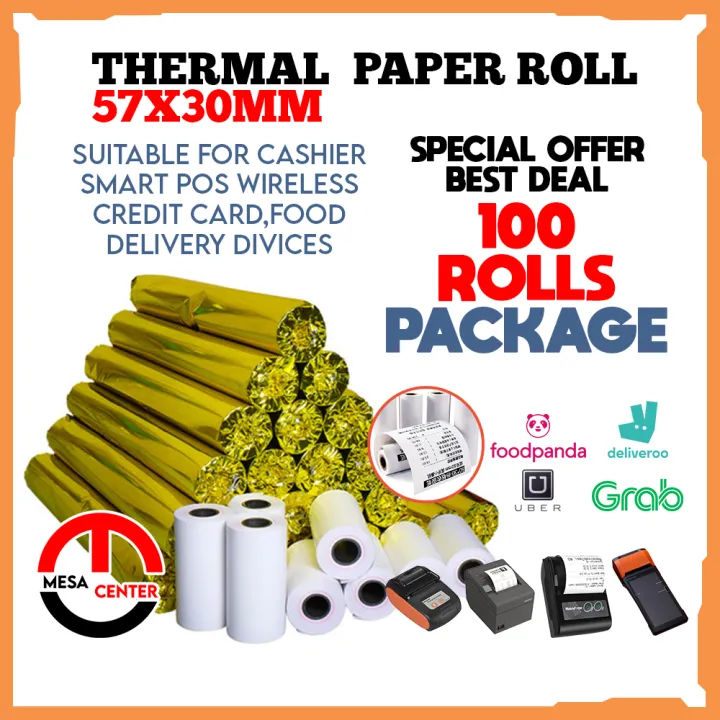 100 Rolls 57mm*30mm Thermal Paper for Thermal Printer (White) Foodpanda