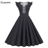 KKLace Vintage 50S 60S Women S Vintage Party Dress With Button Polka Dot Print Short Sleeve Hepburn Robe Pin Up Rockabilly Dressesq11